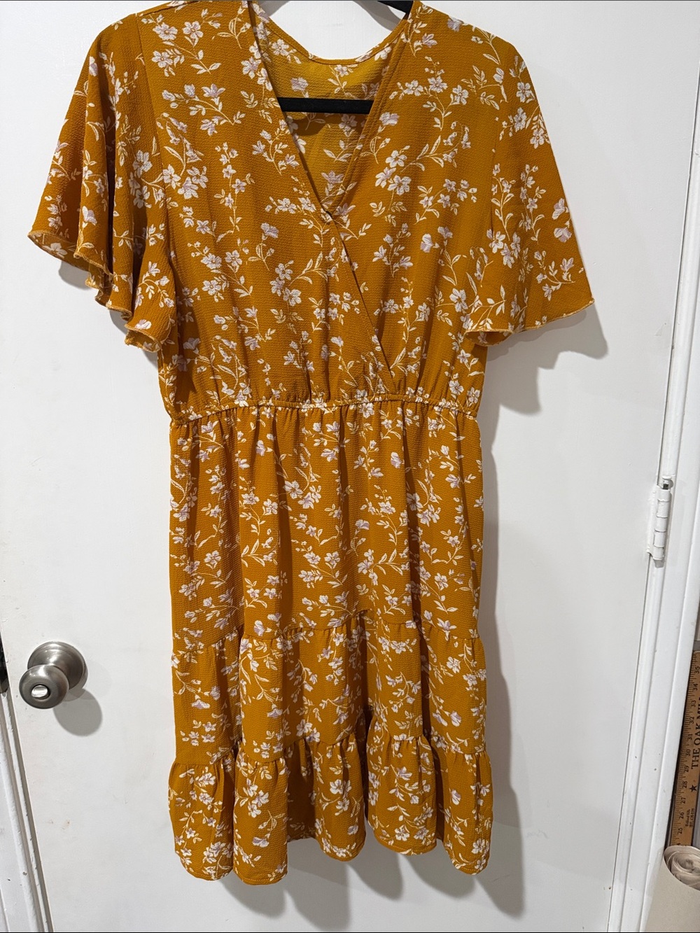 Mustard Floral Flutter Sleeve Wrap Dress - L
